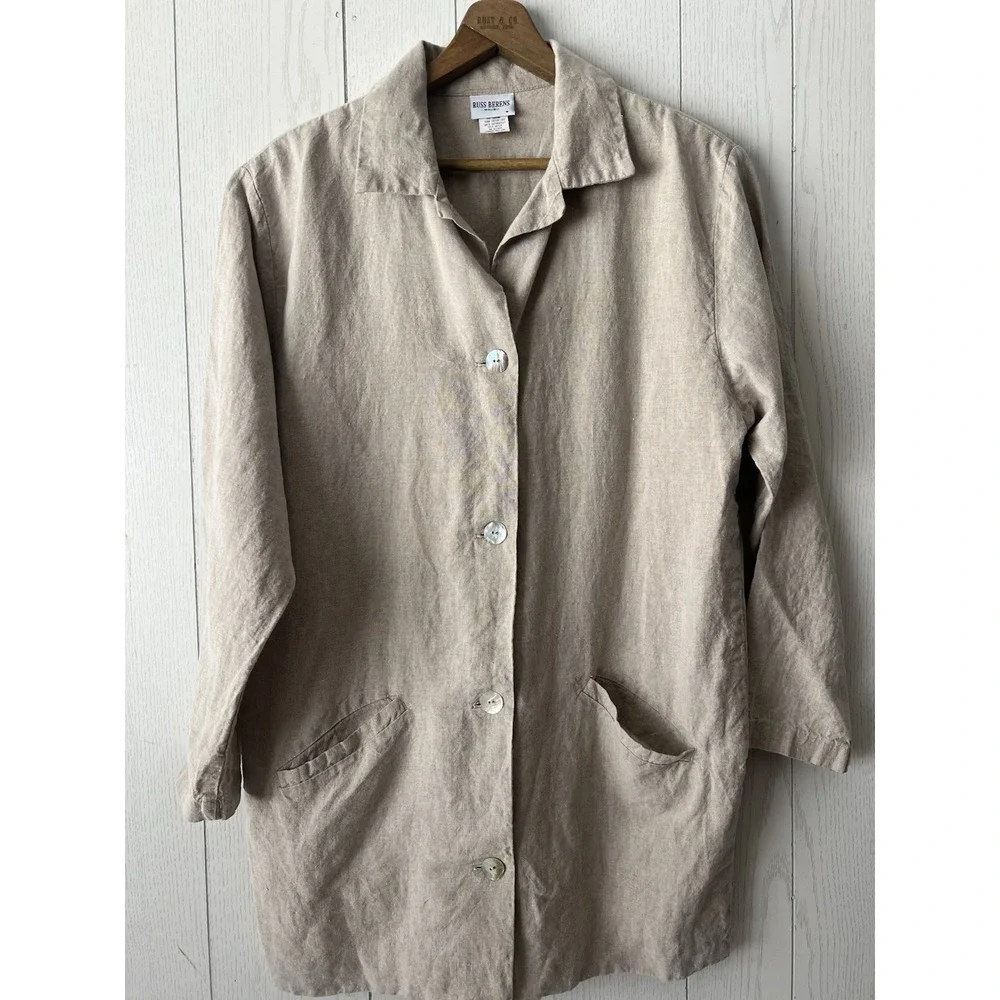Vintage Russ Berens Malibu Linen Jacket Blazer Medium Lines Pockets Natural